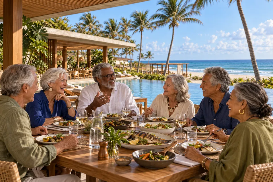 Seis amigos fictícios de cerca de 70 a 80 anos conversam e riem à mesa na varanda do restaurante, diante do mar.