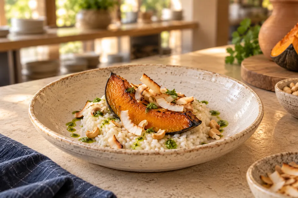 Arroz cremoso de coco com abóbora assada, lâminas de coco tostado, castanha e óleo de ervas em cerâmica clara.