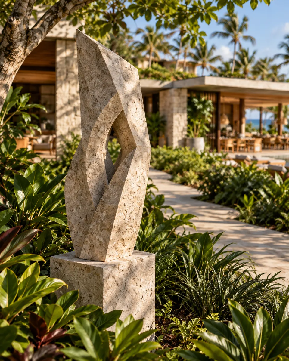 Escultura de pedra vazada entre folhagens, em frente ao estar e à piscina.