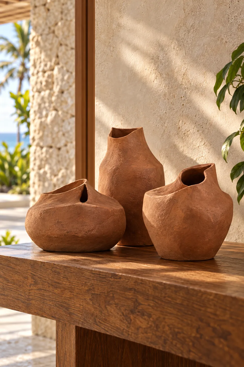 Três vasos escultóricos de terracota da coleção conceitual Intervalo, com bordas irregulares e alturas distintas.