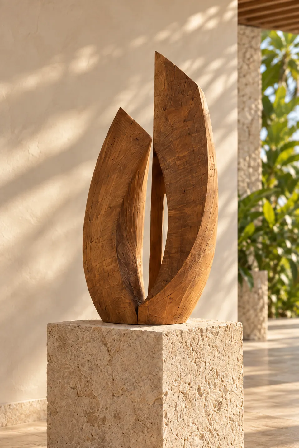 Escultura conceitual Vão em madeira castanha, com duas formas curvas e uma abertura vertical sobre pedestal de pedra.