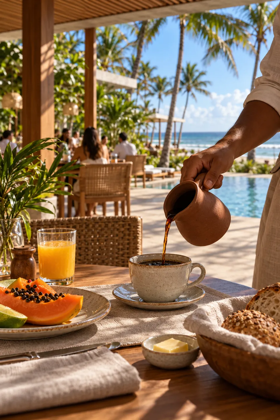 Café servido em xícara de cerâmica, com mamão e pão na mesa do restaurante diante da piscina.