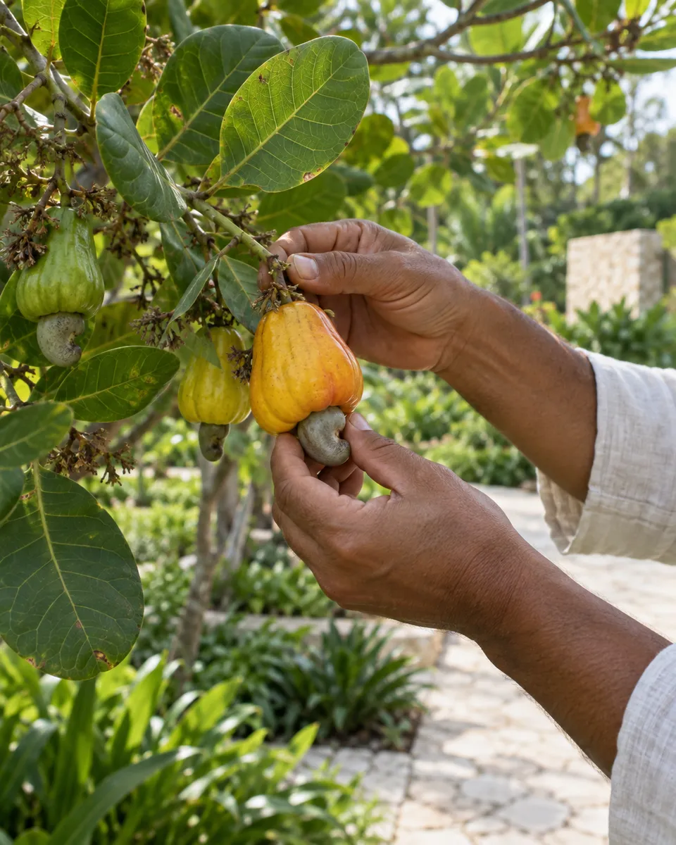 Mãos colhendo um caju amarelo, ainda com a castanha presa.