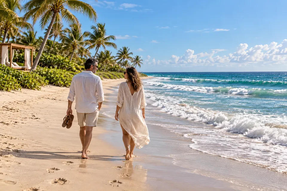 Duas pessoas caminham pela areia junto ao mar, diante dos coqueiros.