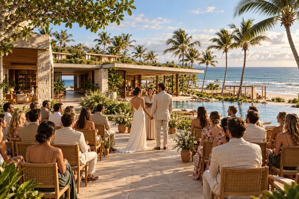 Cerimônia de casamento fictícia no terraço do hotel, com casal, convidados, jardim e mar ao fundo.