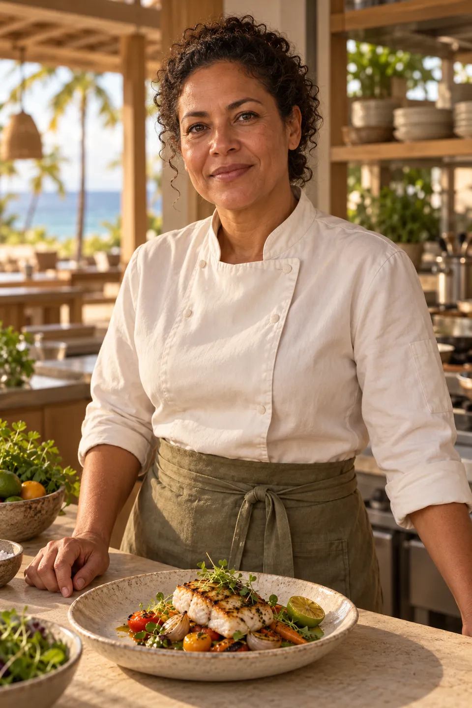 Retrato da chef fictícia Joana Avelar na cozinha do restaurante, junto a um prato de peixe.