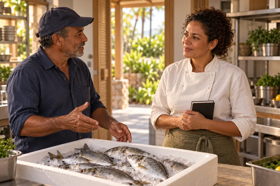 Cena fictícia: Joana Avelar conversa com um pescador junto a uma caixa térmica de peixes sobre gelo na cozinha.
