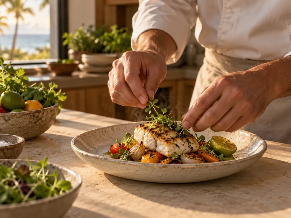 Mãos de quem cozinha finalizam um prato de peixe com ervas, com o restaurante e o mar ao fundo.