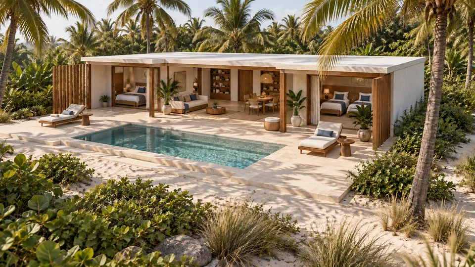 Casa Encontro com duas alas voltadas para a varanda e a piscina, entre vegetação tropical e o litoral.