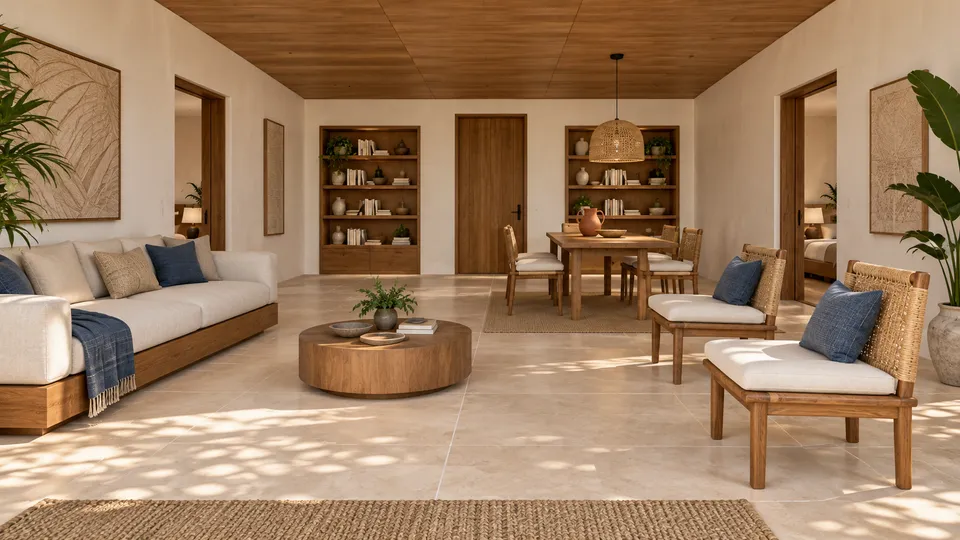 Sofá, poltronas e mesa de jantar ligam as duas alas da casa.
