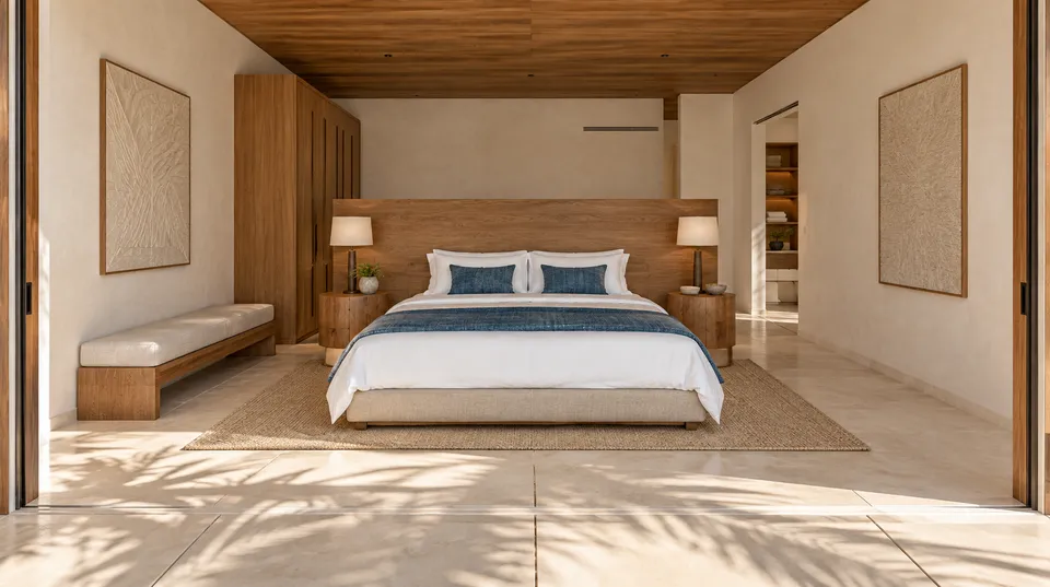 Cama de casal, apoio para a bagagem e acesso ao banho próprio.