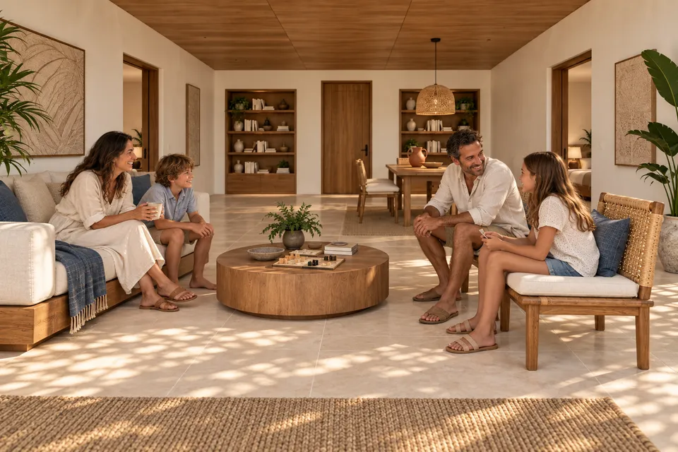 Quatro pessoas convivem na sala central; as duas suítes mantêm seus acessos próprios.