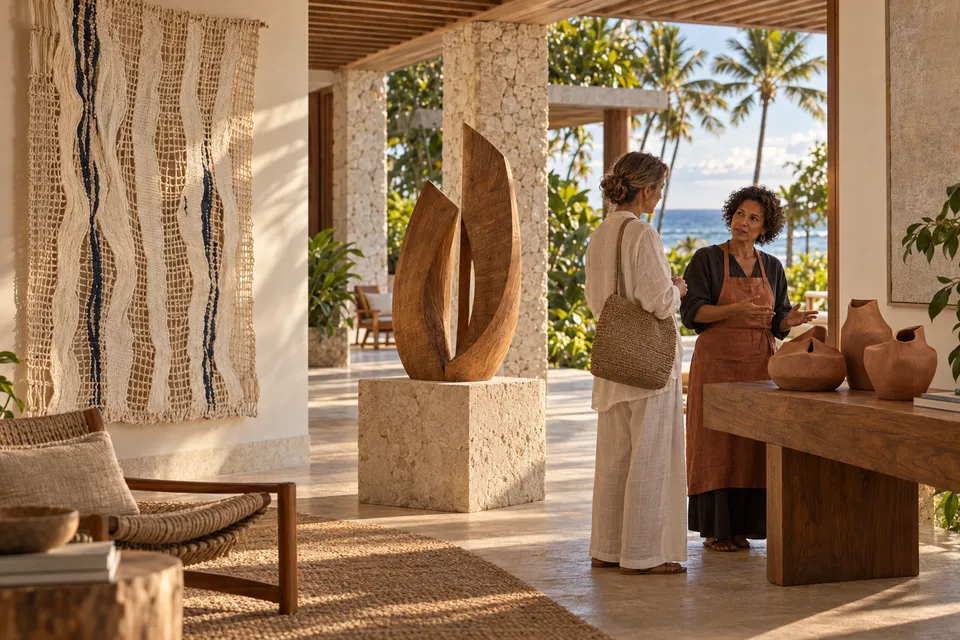 Galeria aberta do hotel com obra têxtil, escultura de madeira e cerâmicas; uma artista fictícia conversa com uma hóspede.