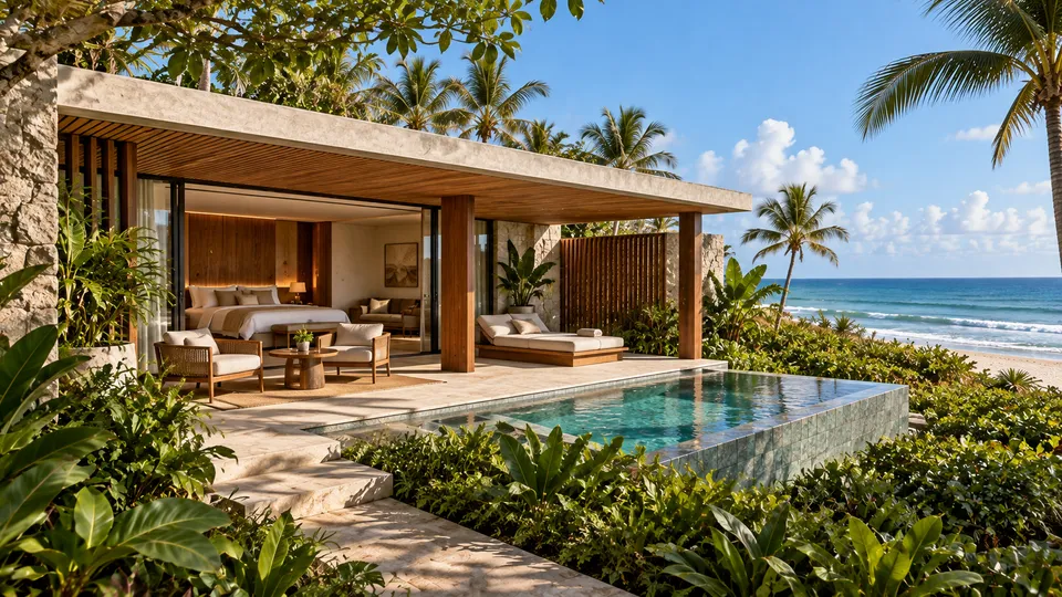 Casa Horizonte com quarto aberto para a varanda, espreguiçadeira, brises de madeira e piscina privativa diante do mar.