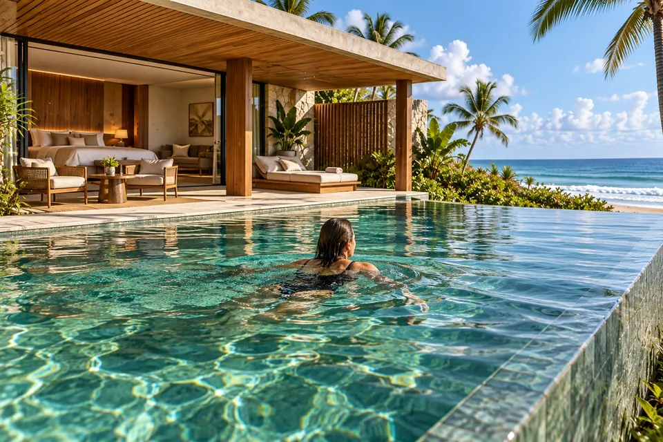 Uma hóspede nada na piscina privativa da Casa Horizonte, entre a varanda de madeira e o mar.