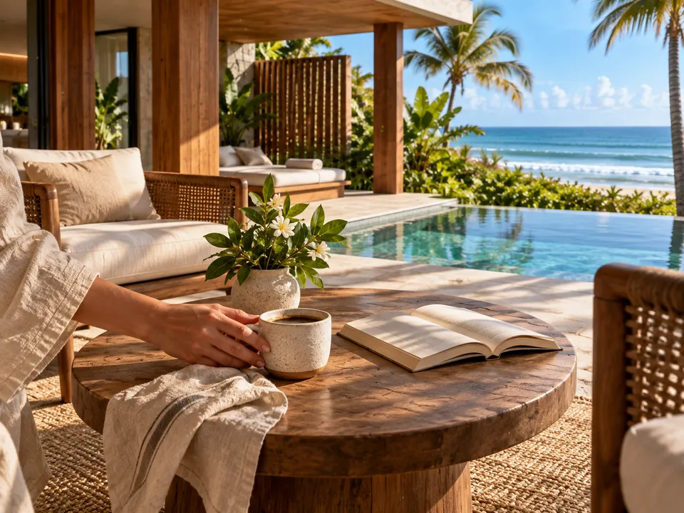 Uma mão segura a xícara de café sobre a mesa de madeira, junto a um livro aberto; a piscina privativa e o mar aparecem ao fundo.