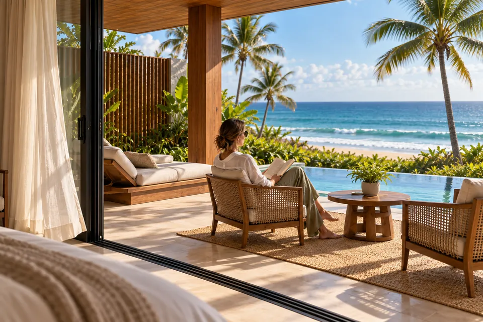Uma mulher lê sentada na varanda da Casa Horizonte, diante da piscina privativa e do mar; cama e cortina aparecem no primeiro plano.