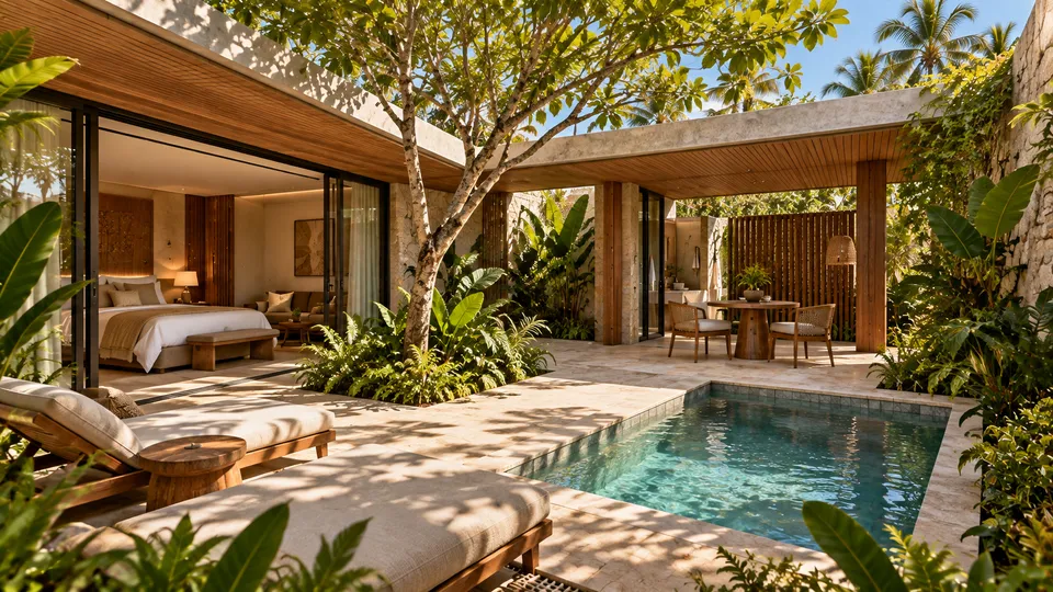 Casa Jardim aberta para um pátio com árvore central, varanda resguardada e pequena piscina privativa.
