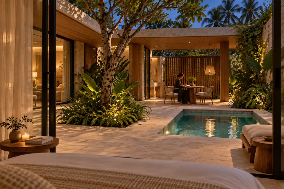 Vista do quarto para o pátio da Casa Jardim ao anoitecer; uma hóspede escreve à mesa, junto à árvore e à piscina iluminada.