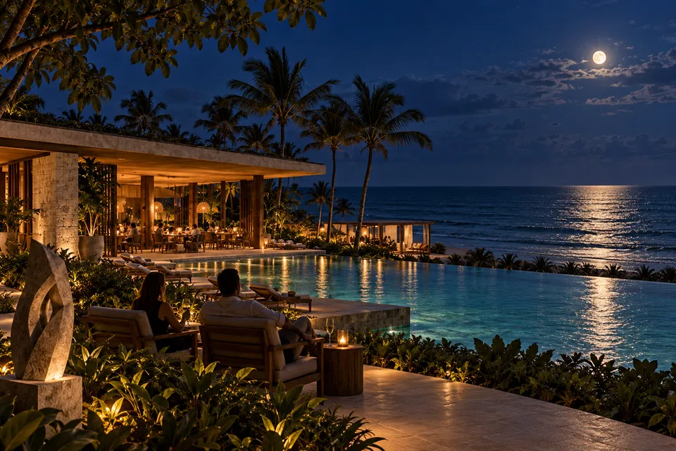 Dois hóspedes observam o mar e a lua cheia do terraço do hotel, com luz baixa junto à piscina.