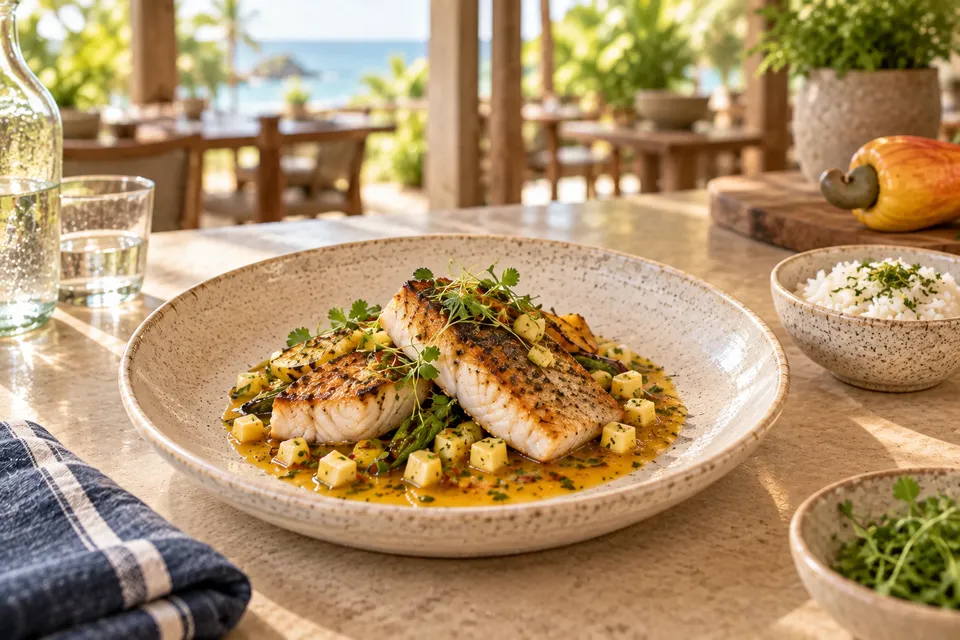 Peixe grelhado com vinagrete de caju e arroz à parte.