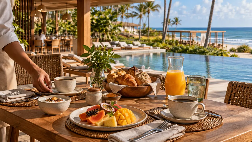Mesa de café da manhã sendo servida, com frutas, pães, café e suco diante da piscina e do mar.