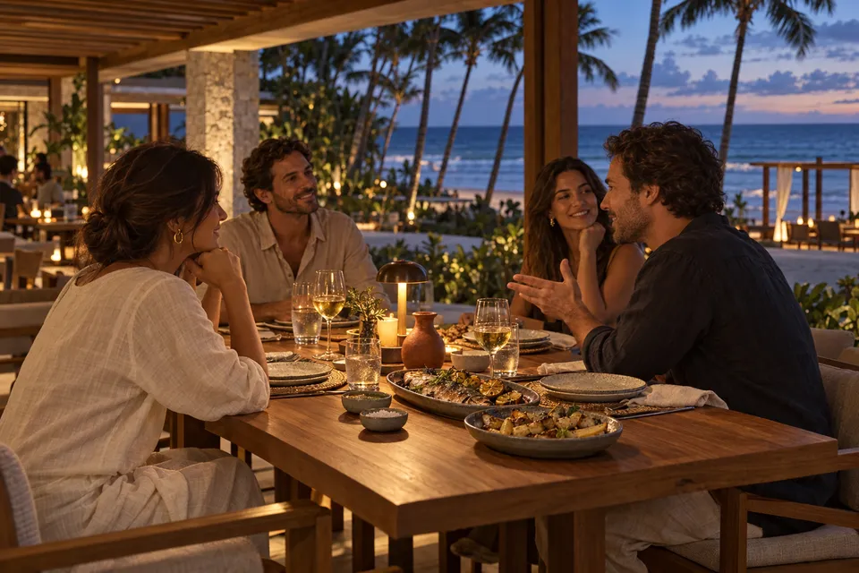 Quatro adultos conversam à mesa sob o pavilhão, com o mar ao anoitecer.