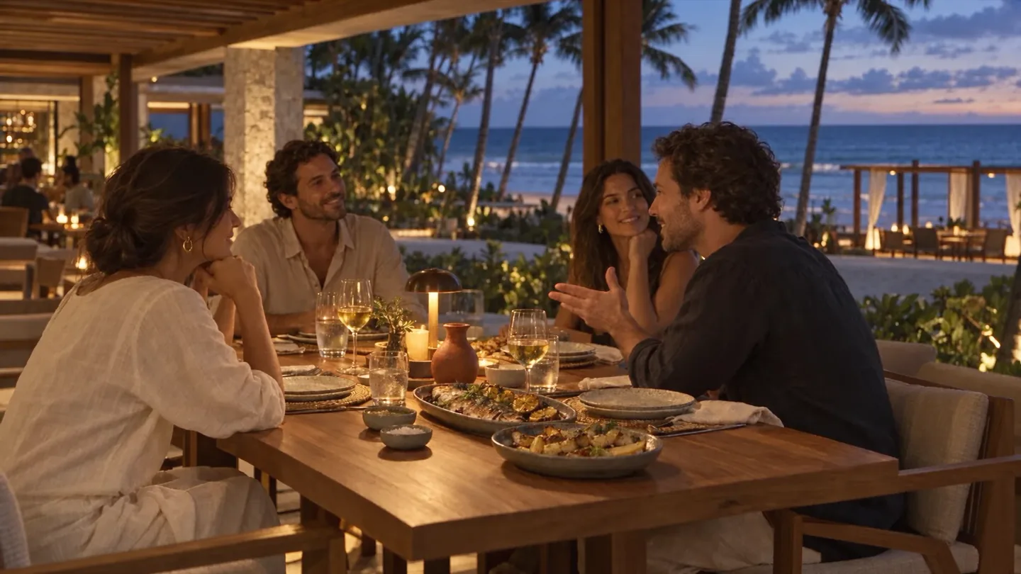 Quatro pessoas conversando à mesa, sob um pavilhão junto ao mar ao anoitecer.