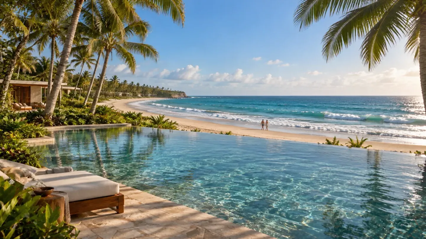 Piscina de borda voltada ao mar, coqueiros e pessoas caminhando na praia.