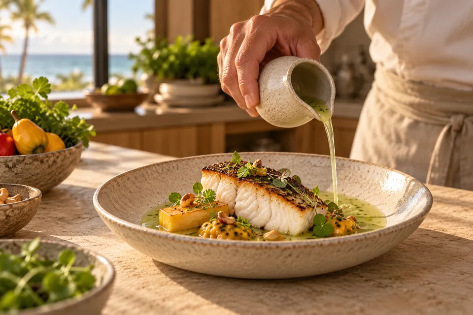 Porção de peixe com pele tostada recebe caldo de uma pequena jarra de cerâmica, junto a acompanhamentos e ervas.