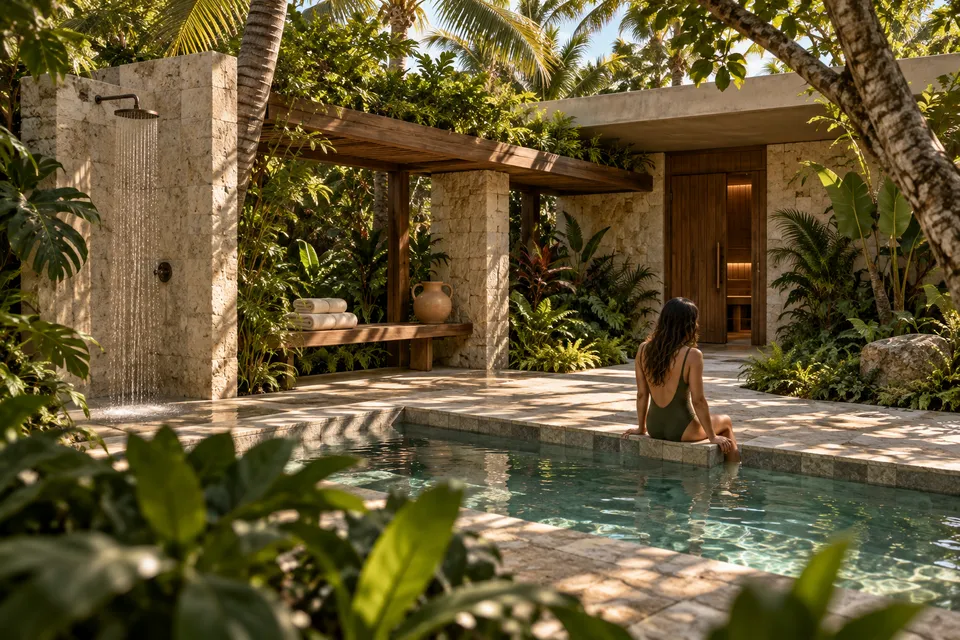 Jardim de bem-estar com ducha, sauna e uma mulher sentada à borda da água.