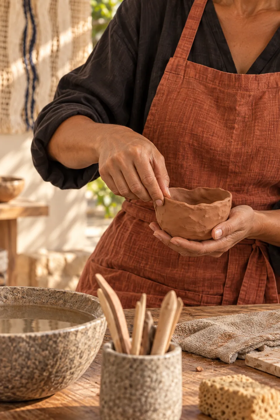 Mãos da ceramista fictícia Lia Nascimento sustentam e modelam a borda de uma pequena tigela de barro, diante do avental terracota e de ferramentas sobre a mesa.