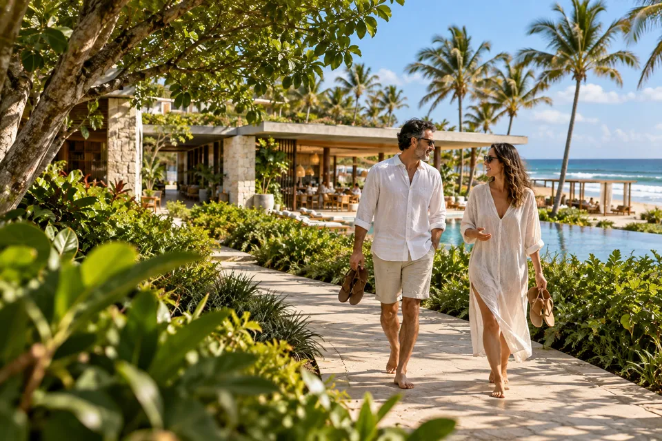 Um casal volta descalço pelo caminho de pedra, com as sandálias nas mãos, conversando entre o jardim, o restaurante e a piscina junto ao mar.