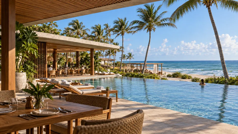 Piscina social voltada ao mar, com espreguiçadeiras e restaurante aberto ao lado.