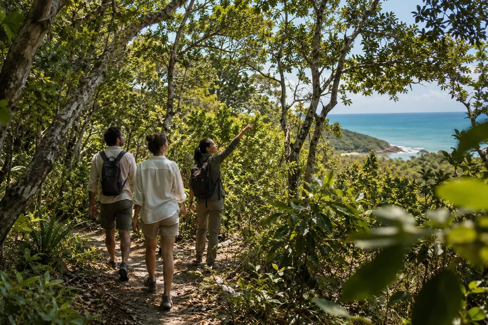 Uma condutora e dois hóspedes caminham em uma trilha sombreada na mata costeira, com o mar entre as árvores.